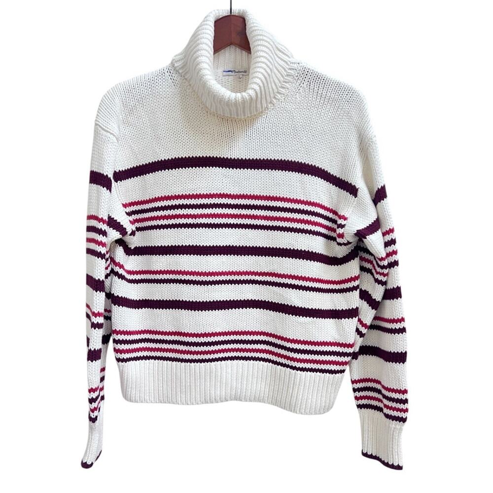 Madewell Ribbed Cotton Turtleneck Sweater Cabernet Stripe NT604 Sz S Knit Preppy - Picture 3 of 7